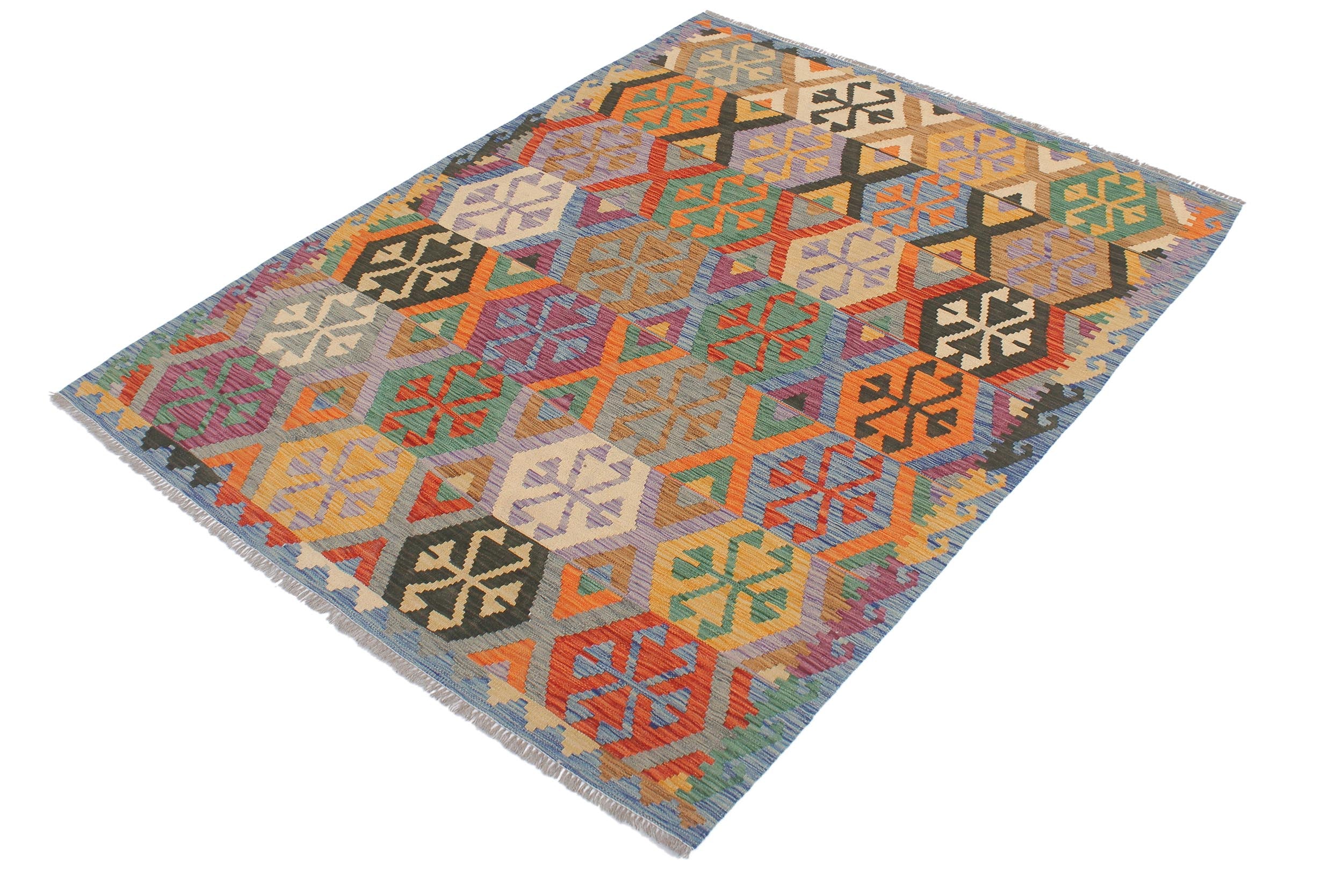 handmade Geometric Kilim Gray Blue Hand-Woven RECTANGLE 100% WOOL area rug 5 x 7