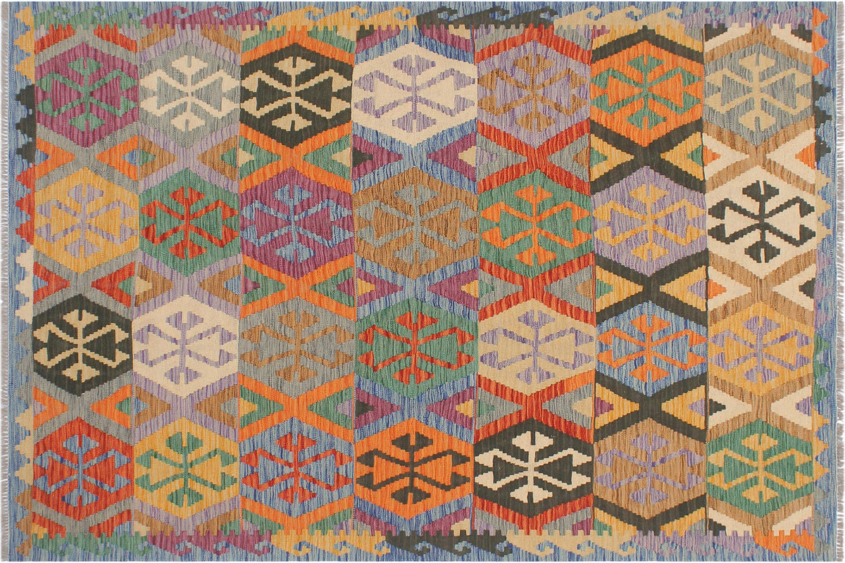 handmade Geometric Kilim Gray Blue Hand-Woven RECTANGLE 100% WOOL area rug 5 x 7