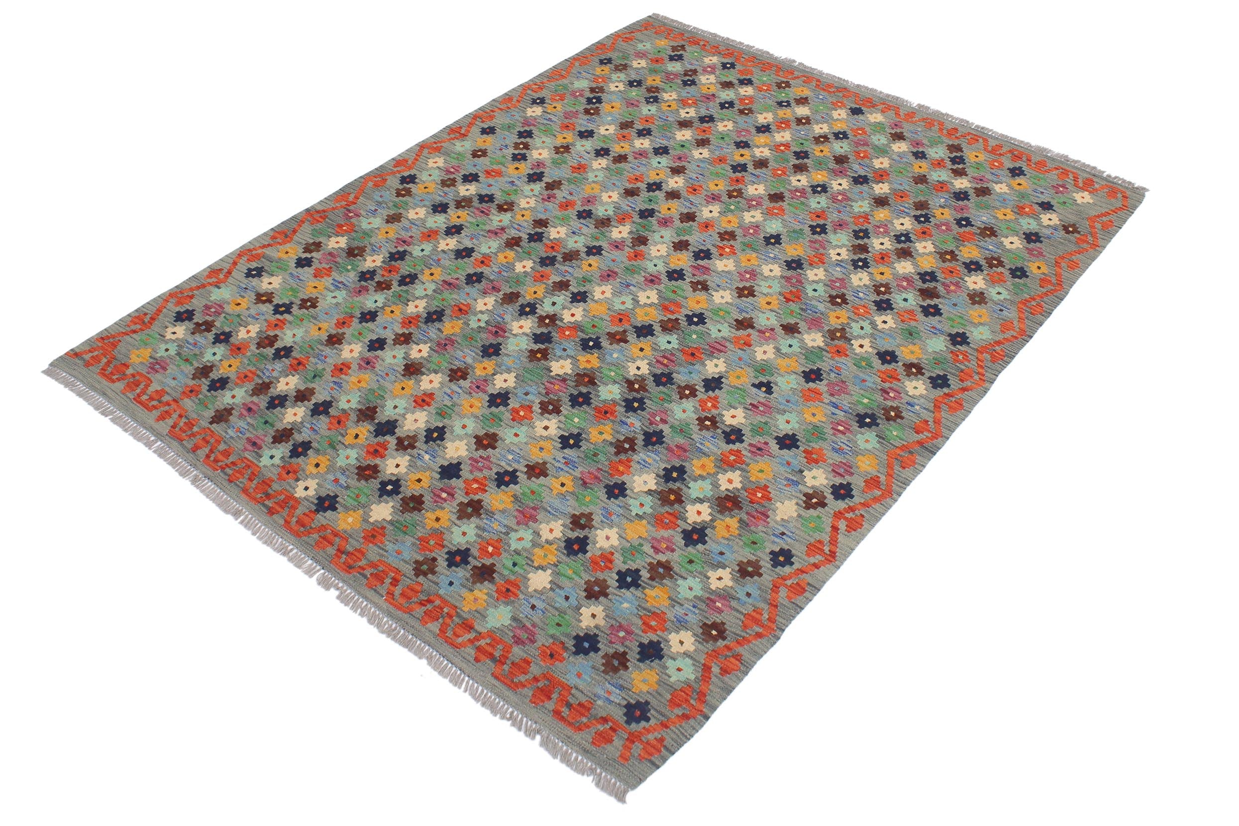 handmade Modern Kilim Gray Rust Hand-Woven RECTANGLE 100% WOOL area rug 5 x 6