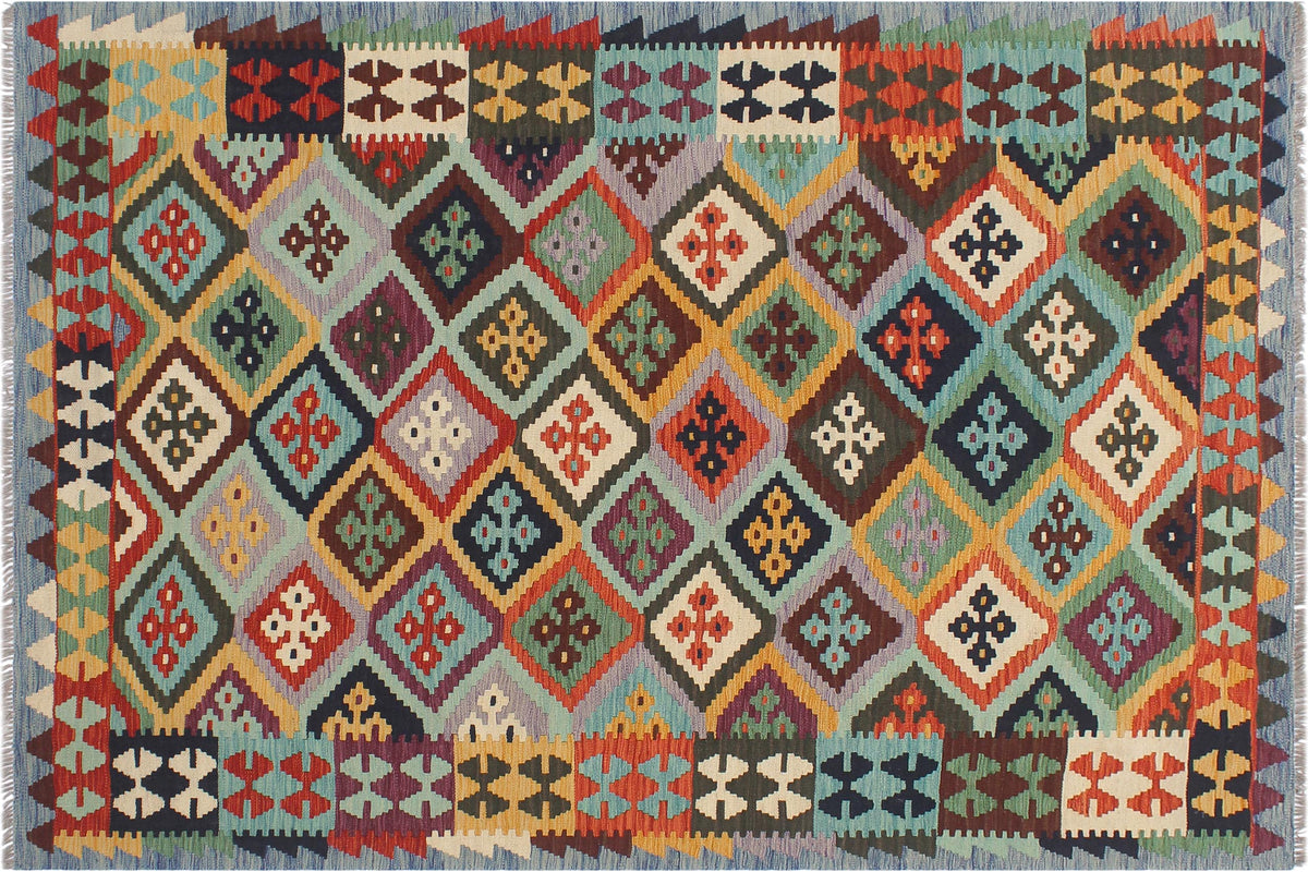 handmade Geometric Kilim Rust Blue Hand-Woven RECTANGLE 100% WOOL area rug 5 x 7