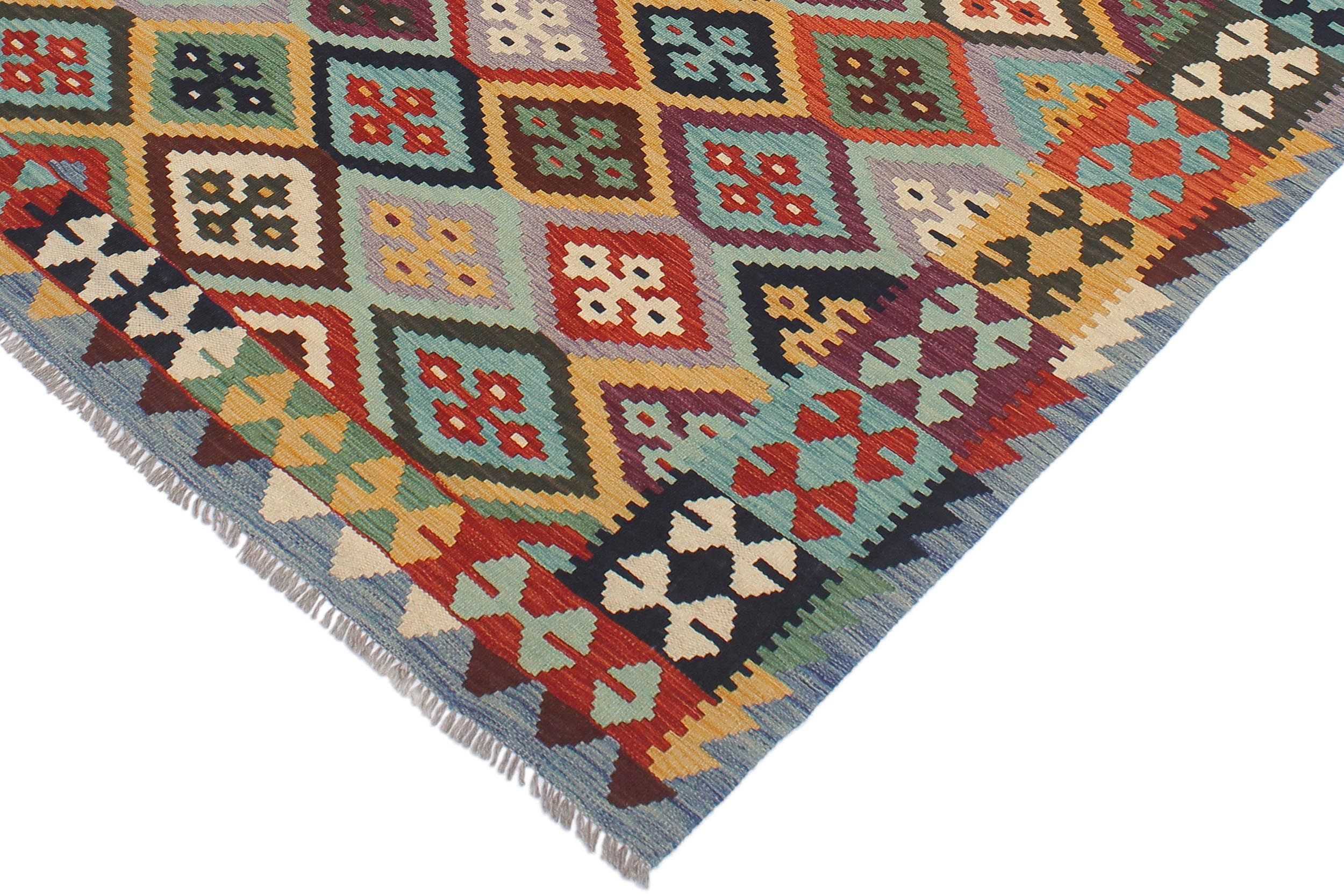 handmade Geometric Kilim Rust Blue Hand-Woven RECTANGLE 100% WOOL area rug 5 x 7