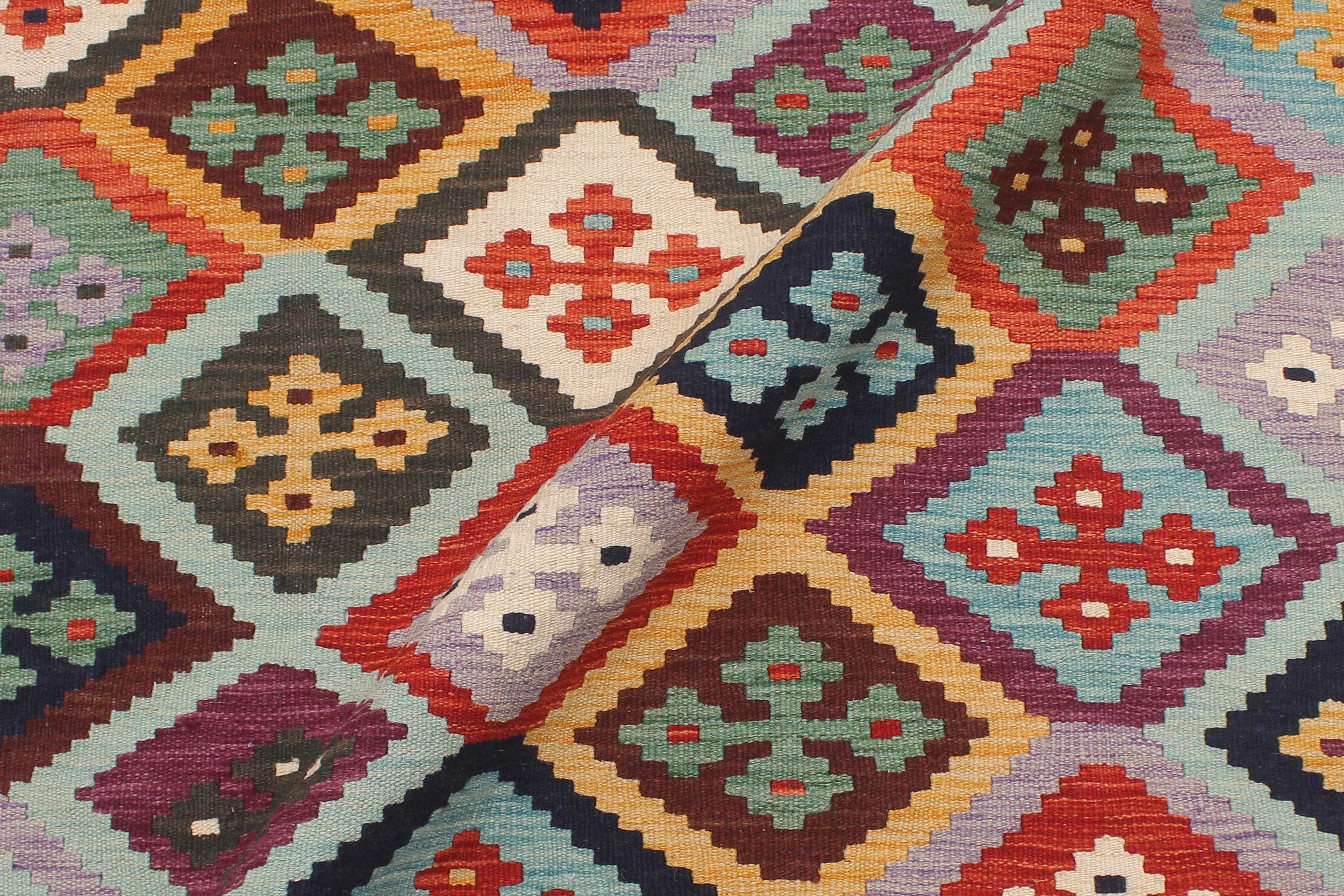 handmade Geometric Kilim Rust Blue Hand-Woven RECTANGLE 100% WOOL area rug 5 x 7