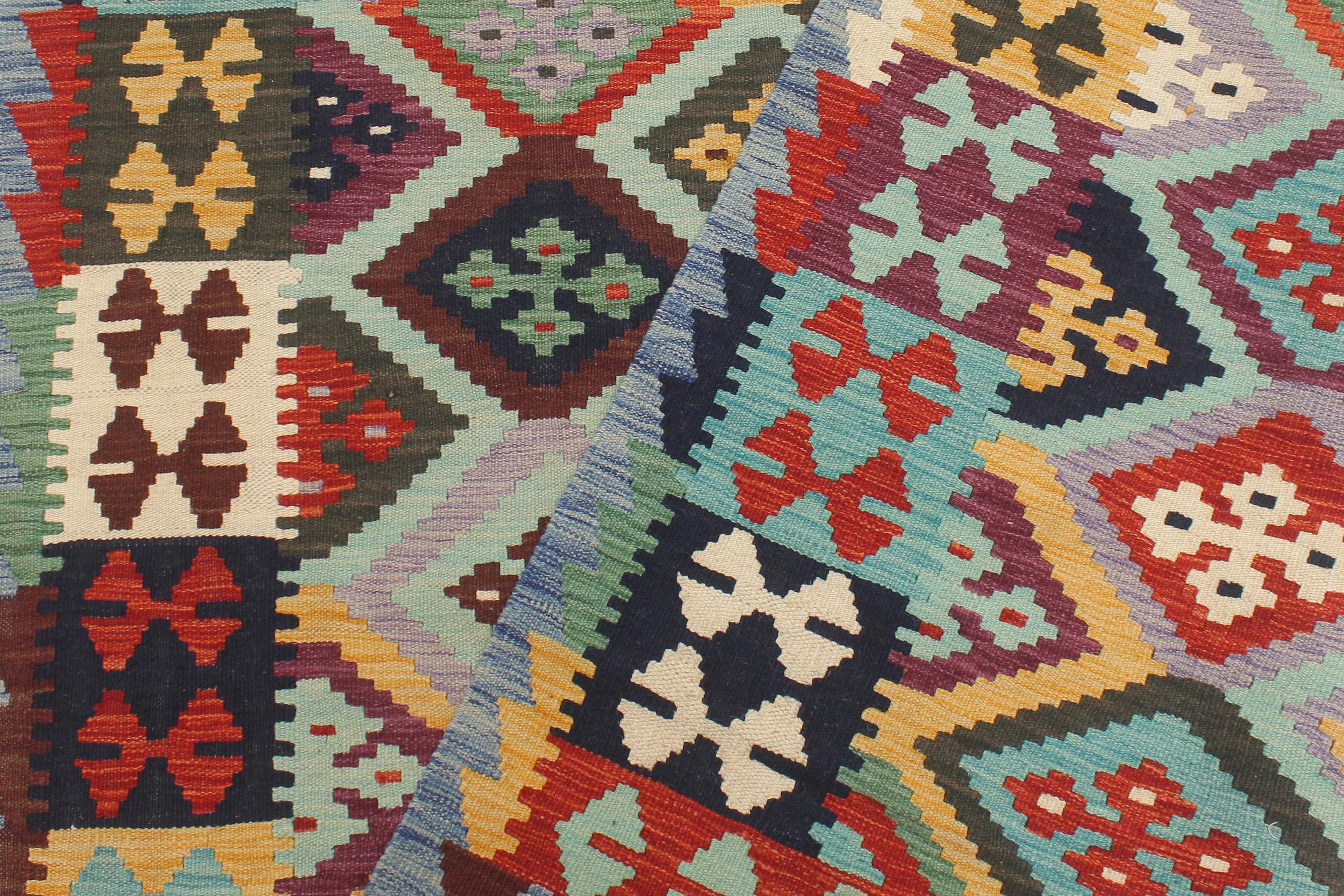 handmade Geometric Kilim Rust Blue Hand-Woven RECTANGLE 100% WOOL area rug 5 x 7