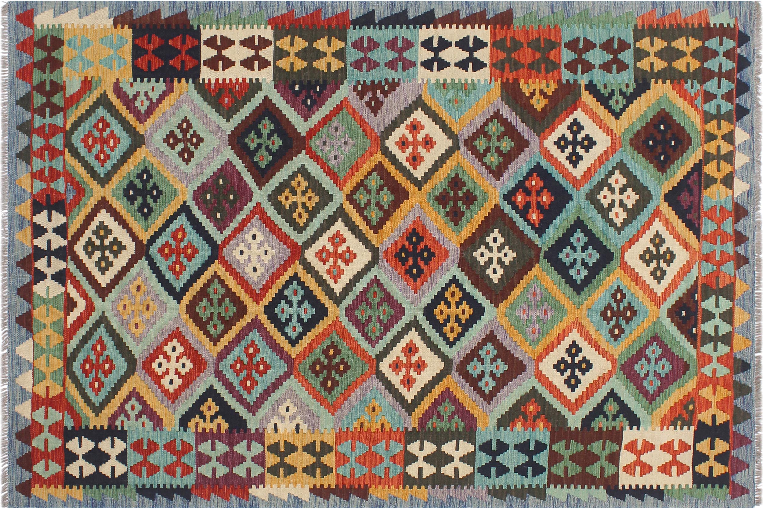 handmade Geometric Kilim Rust Blue Hand-Woven RECTANGLE 100% WOOL area rug 5 x 7