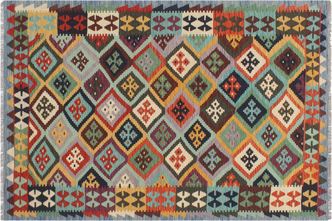 handmade Geometric Kilim Rust Blue Hand-Woven RECTANGLE 100% WOOL area rug 5 x 7