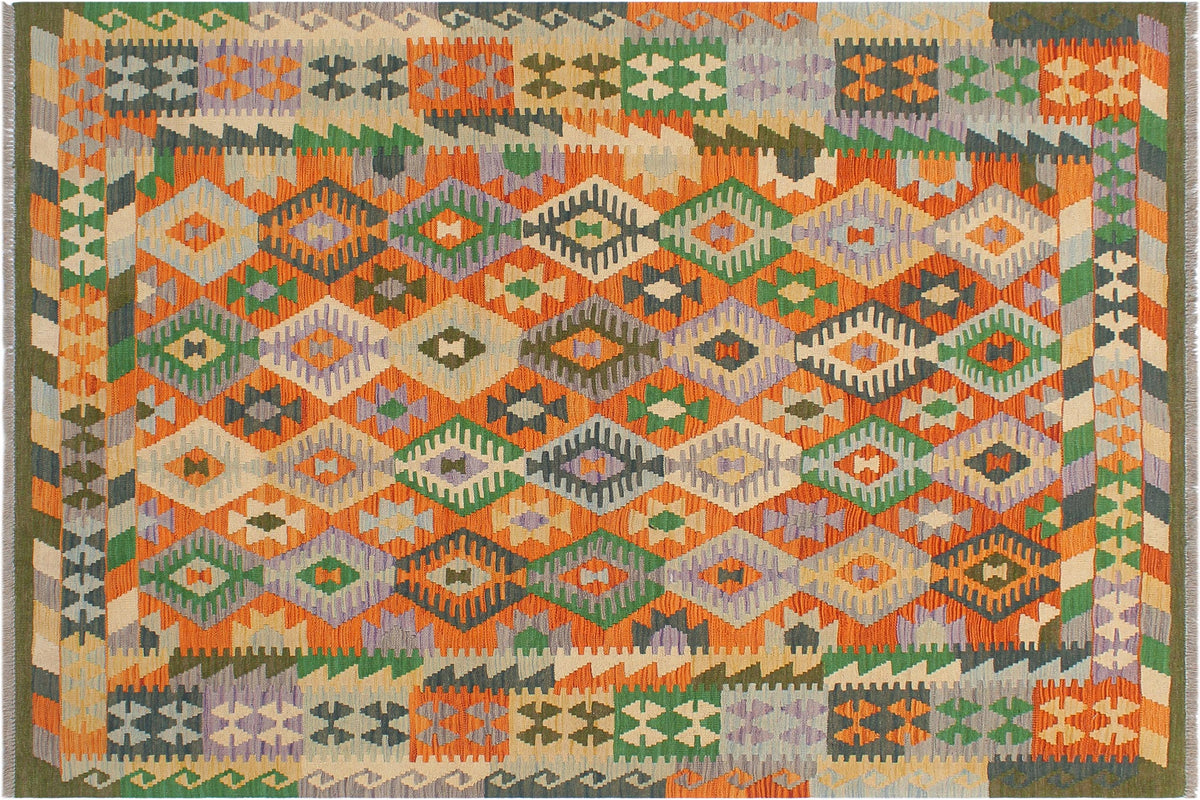 handmade Geometric Kilim Rust Blue Hand-Woven RECTANGLE 100% WOOL area rug 5x6