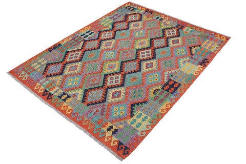 handmade Geometric Kilim Blue Rust Hand-Woven RECTANGLE 100% WOOL area rug 6 x 8