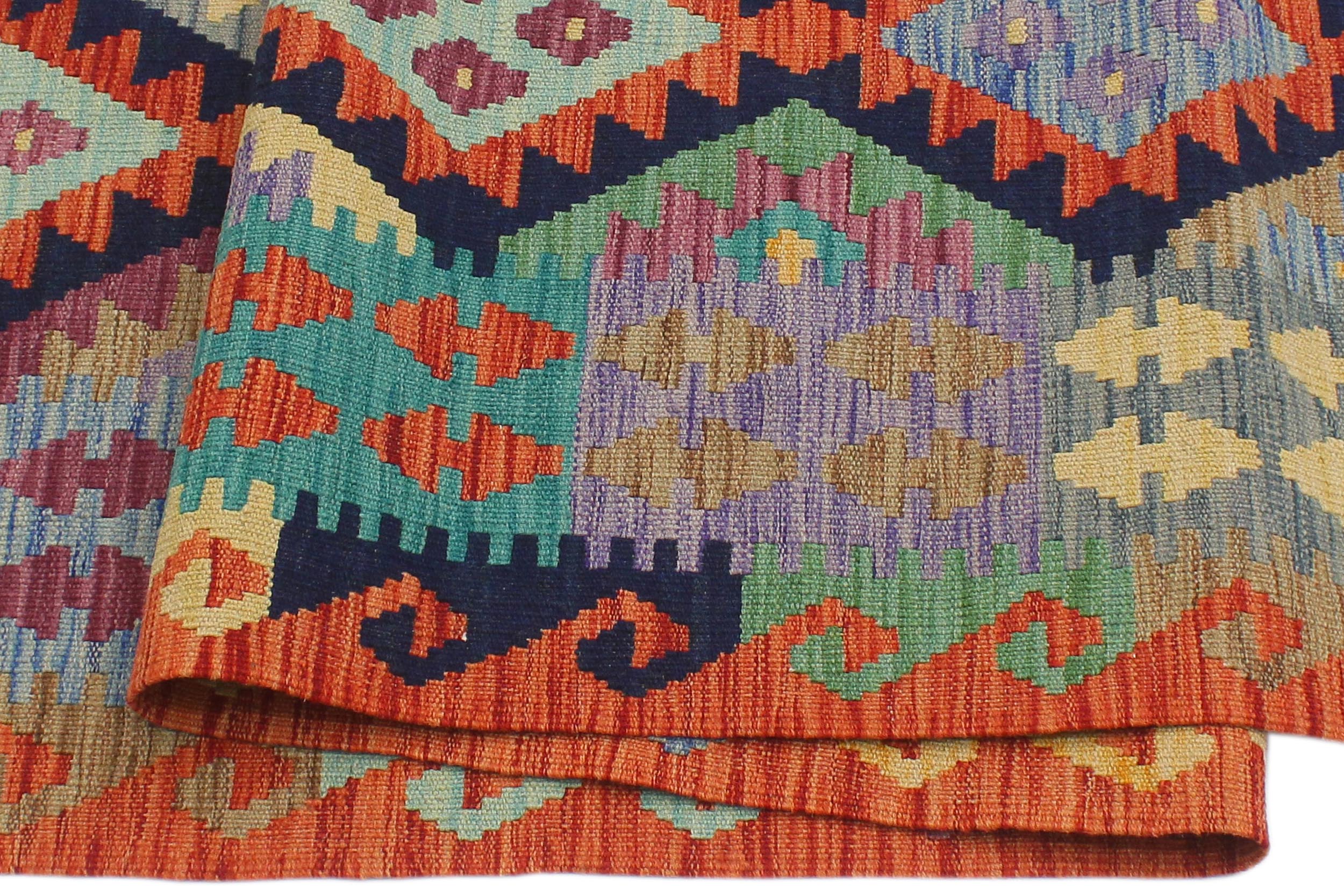 handmade Geometric Kilim Blue Rust Hand-Woven RECTANGLE 100% WOOL area rug 6 x 8