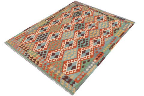 handmade Geometric Kilim Rust Blue Hand-Woven RECTANGLE 100% WOOL area rug 6 x 8