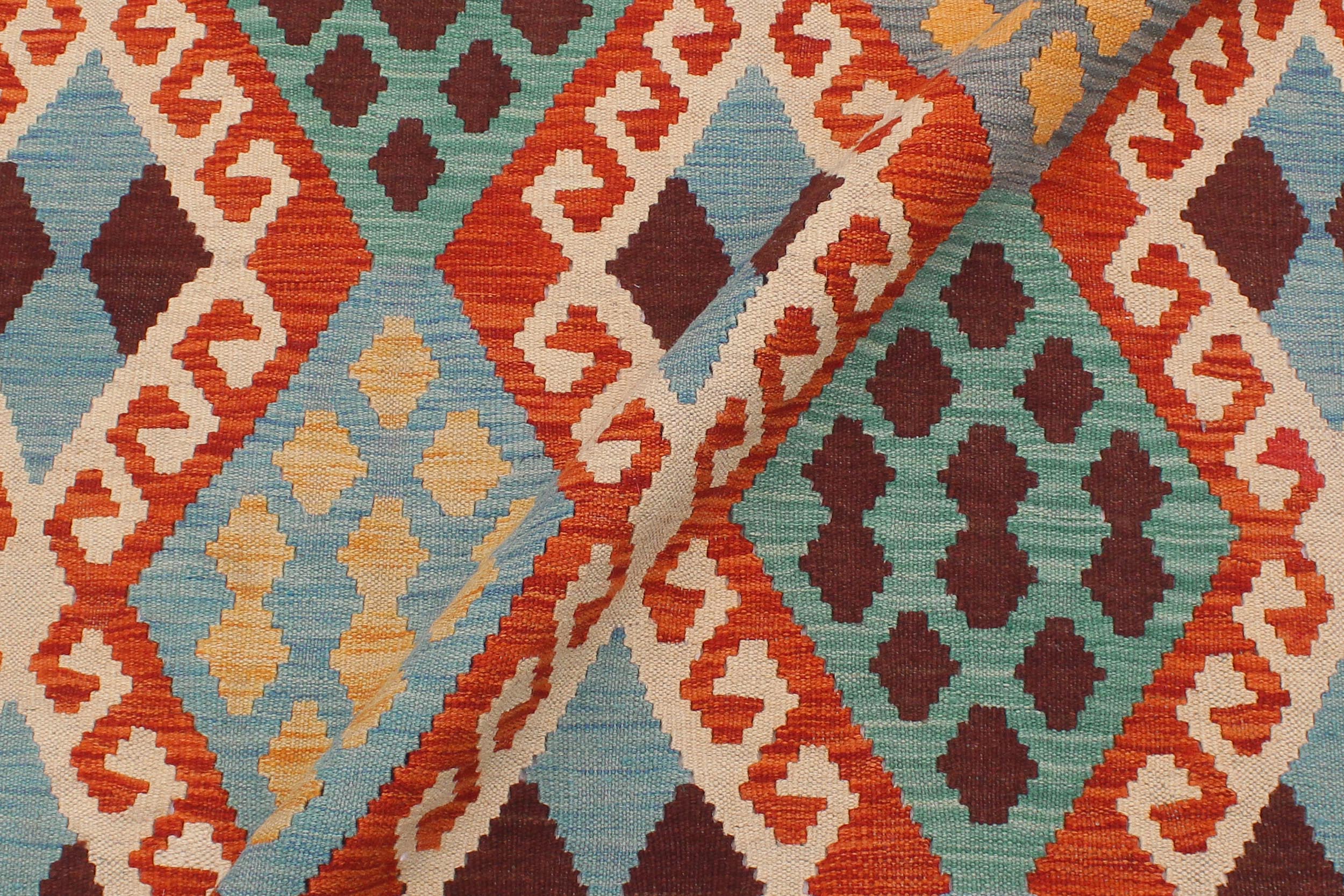 handmade Geometric Kilim Rust Blue Hand-Woven RECTANGLE 100% WOOL area rug 6 x 8