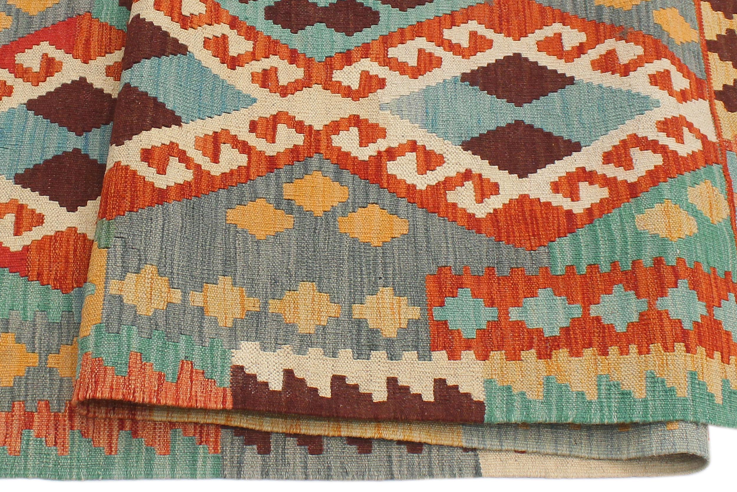 handmade Geometric Kilim Rust Blue Hand-Woven RECTANGLE 100% WOOL area rug 6 x 8