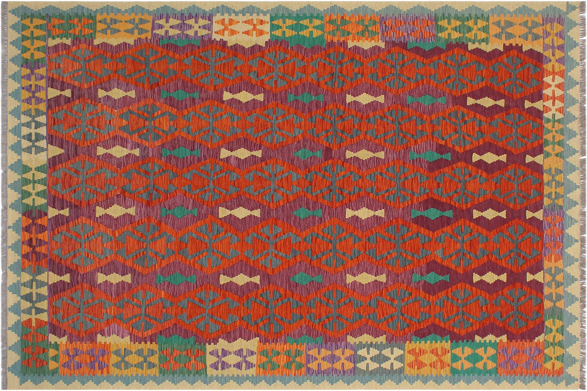 handmade Geometric Kilim Rust Beige Hand-Woven RECTANGLE 100% WOOL area rug 6 x 8