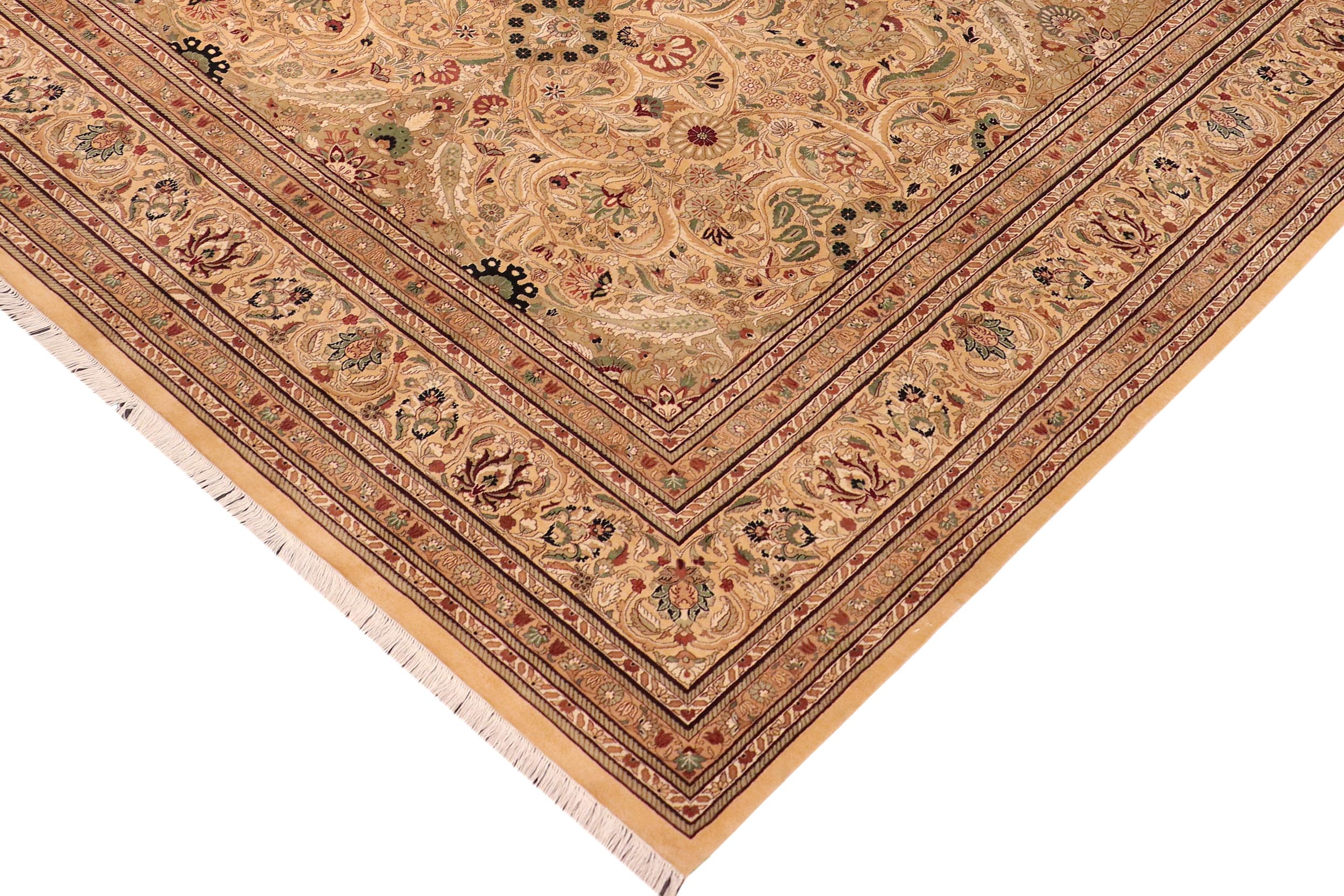 handmade Traditional Lahore Gold Beige Hand Knotted RECTANGLE 100% WOOL area rug 10x15