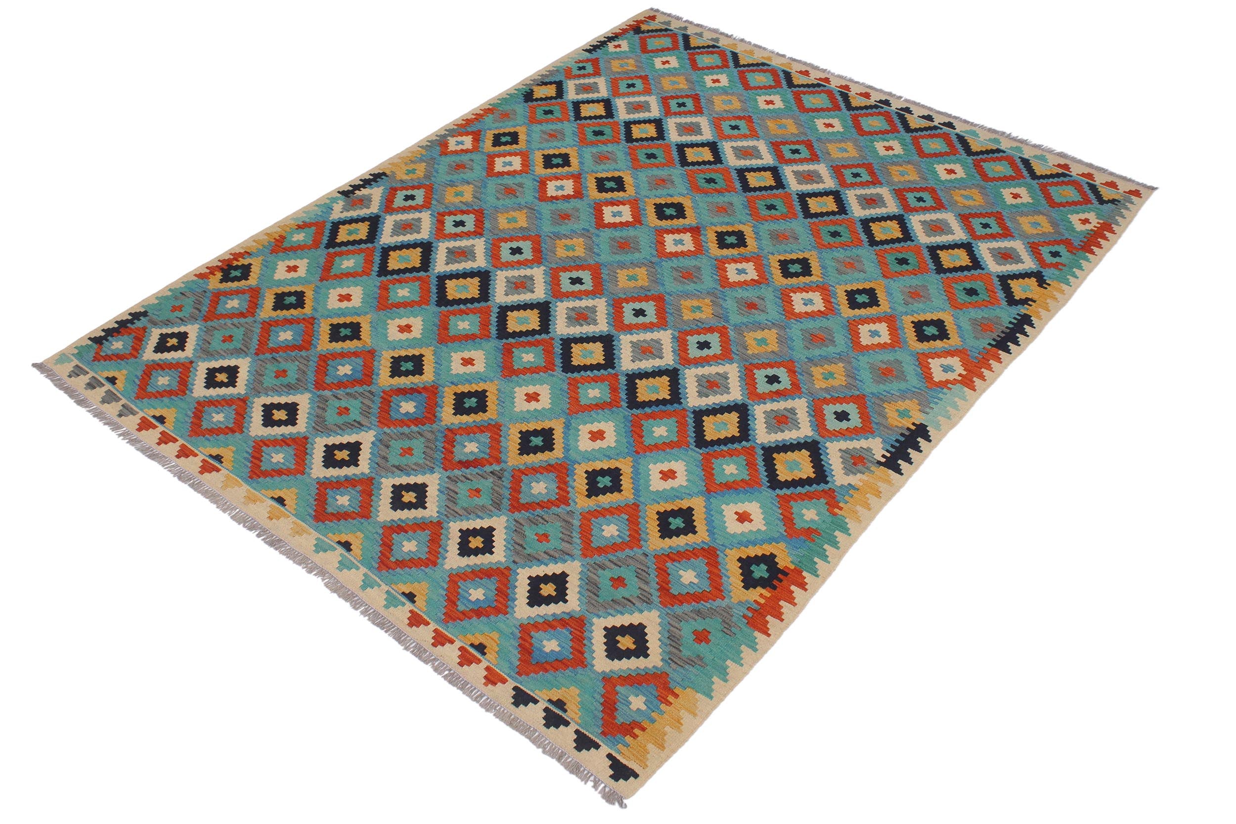 handmade Geometric Kilim Blue Beige Hand-Woven RECTANGLE 100% WOOL area rug 6 x 8