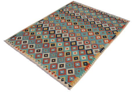 handmade Geometric Kilim Blue Beige Hand-Woven RECTANGLE 100% WOOL area rug 6 x 8