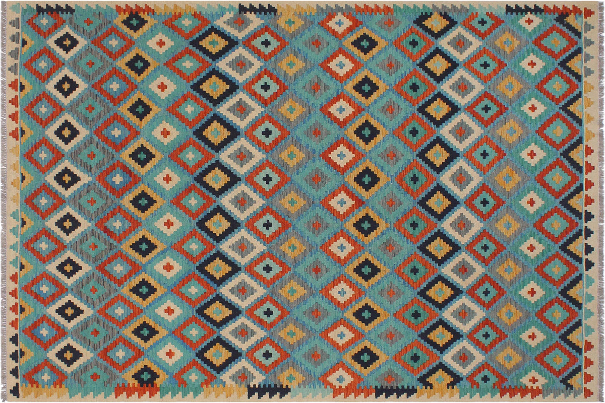 handmade Geometric Kilim Blue Beige Hand-Woven RECTANGLE 100% WOOL area rug 6 x 8