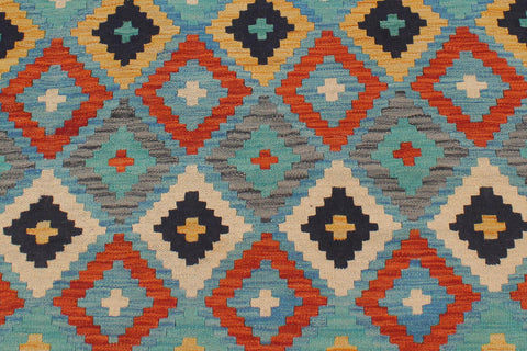 handmade Geometric Kilim Blue Beige Hand-Woven RECTANGLE 100% WOOL area rug 6 x 8