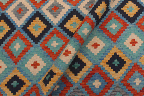 handmade Geometric Kilim Blue Beige Hand-Woven RECTANGLE 100% WOOL area rug 6 x 8