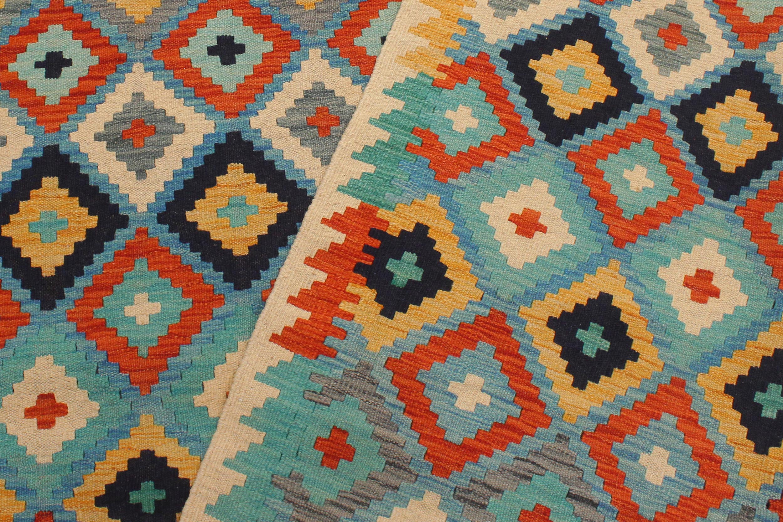 handmade Geometric Kilim Blue Beige Hand-Woven RECTANGLE 100% WOOL area rug 6 x 8
