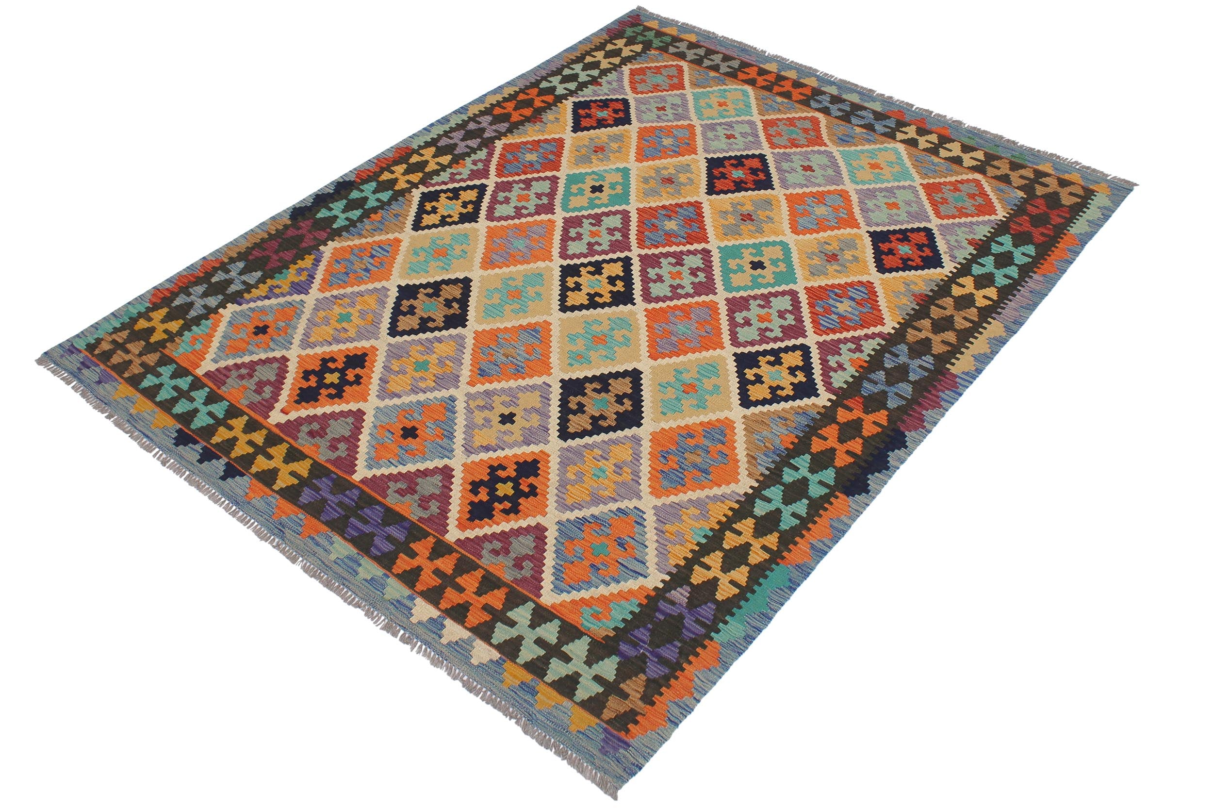 handmade Geometric Kilim Beige Blue Hand-Woven RECTANGLE 100% WOOL area rug 6 x 8