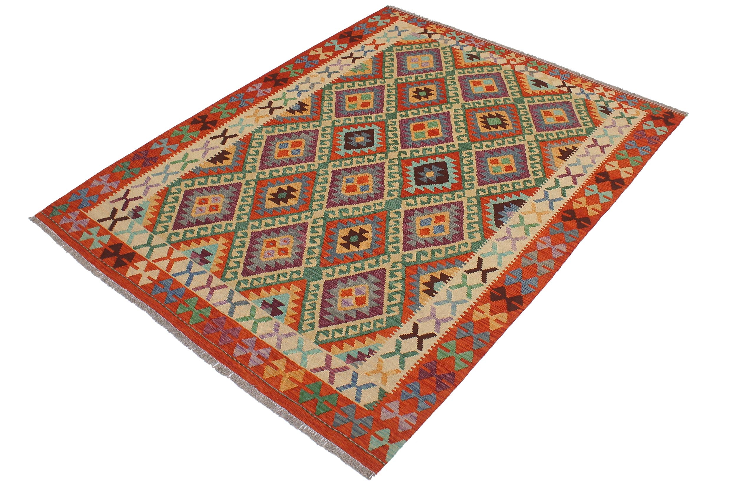 handmade Geometric Kilim Blue Rust Hand-Woven RECTANGLE 100% WOOL area rug 6 x 8