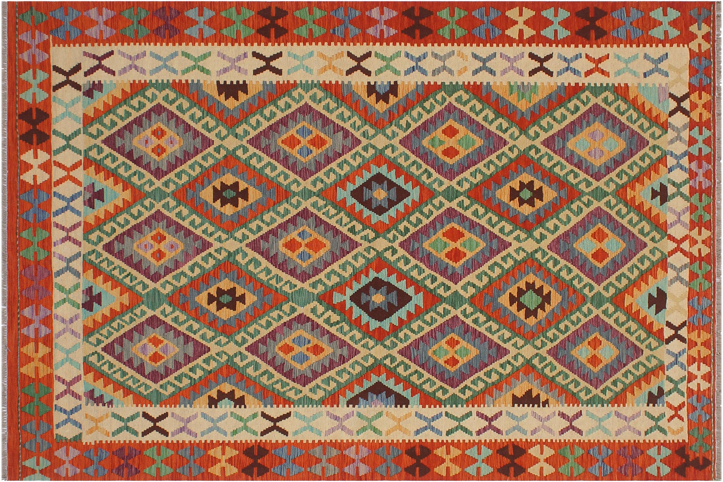 handmade Geometric Kilim Blue Rust Hand-Woven RECTANGLE 100% WOOL area rug 6 x 8