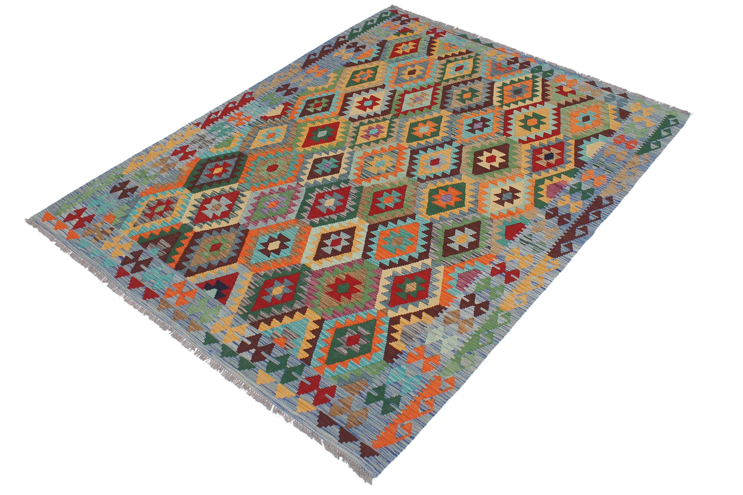 handmade Geometric Kilim Red Blue Hand-Woven RECTANGLE 100% WOOL area rug 6 x 8