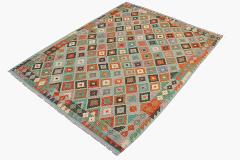 handmade Geometric Kilim Blue Rust Hand-Woven RECTANGLE 100% WOOL area rug 6 x 8