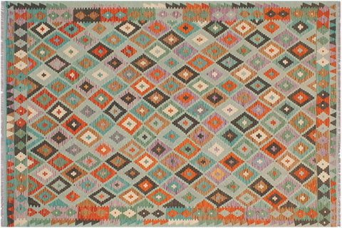 handmade Geometric Kilim Blue Rust Hand-Woven RECTANGLE 100% WOOL area rug 6 x 8