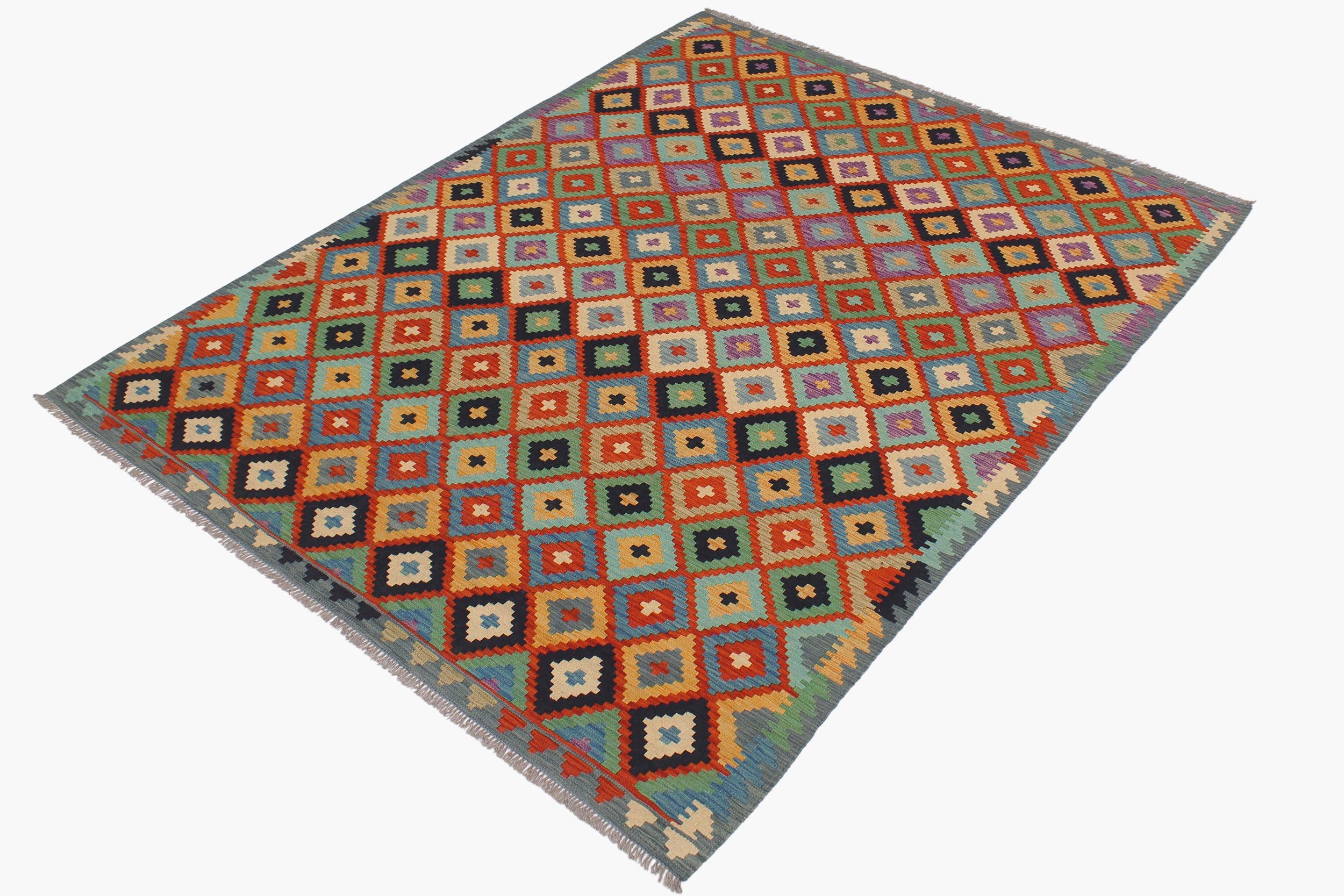 handmade Geometric Kilim Rust Blue Hand-Woven RECTANGLE 100% WOOL area rug 6 x 8