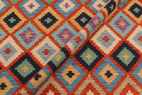 handmade Geometric Kilim Rust Blue Hand-Woven RECTANGLE 100% WOOL area rug 6 x 8