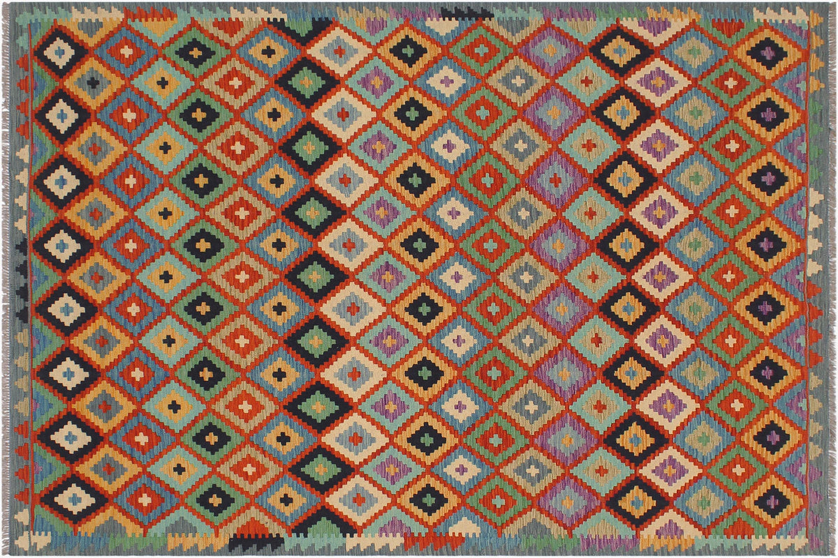 handmade Geometric Kilim Rust Blue Hand-Woven RECTANGLE 100% WOOL area rug 6 x 8