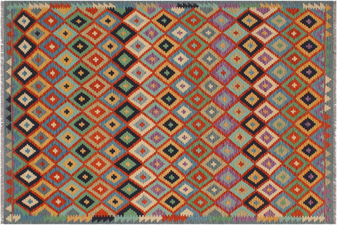 handmade Geometric Kilim Rust Blue Hand-Woven RECTANGLE 100% WOOL area rug 6 x 8