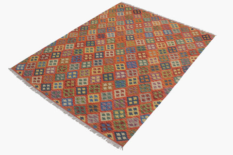 handmade Geometric Kilim Rust Blue Hand-Woven RECTANGLE 100% WOOL area rug 6 x 8