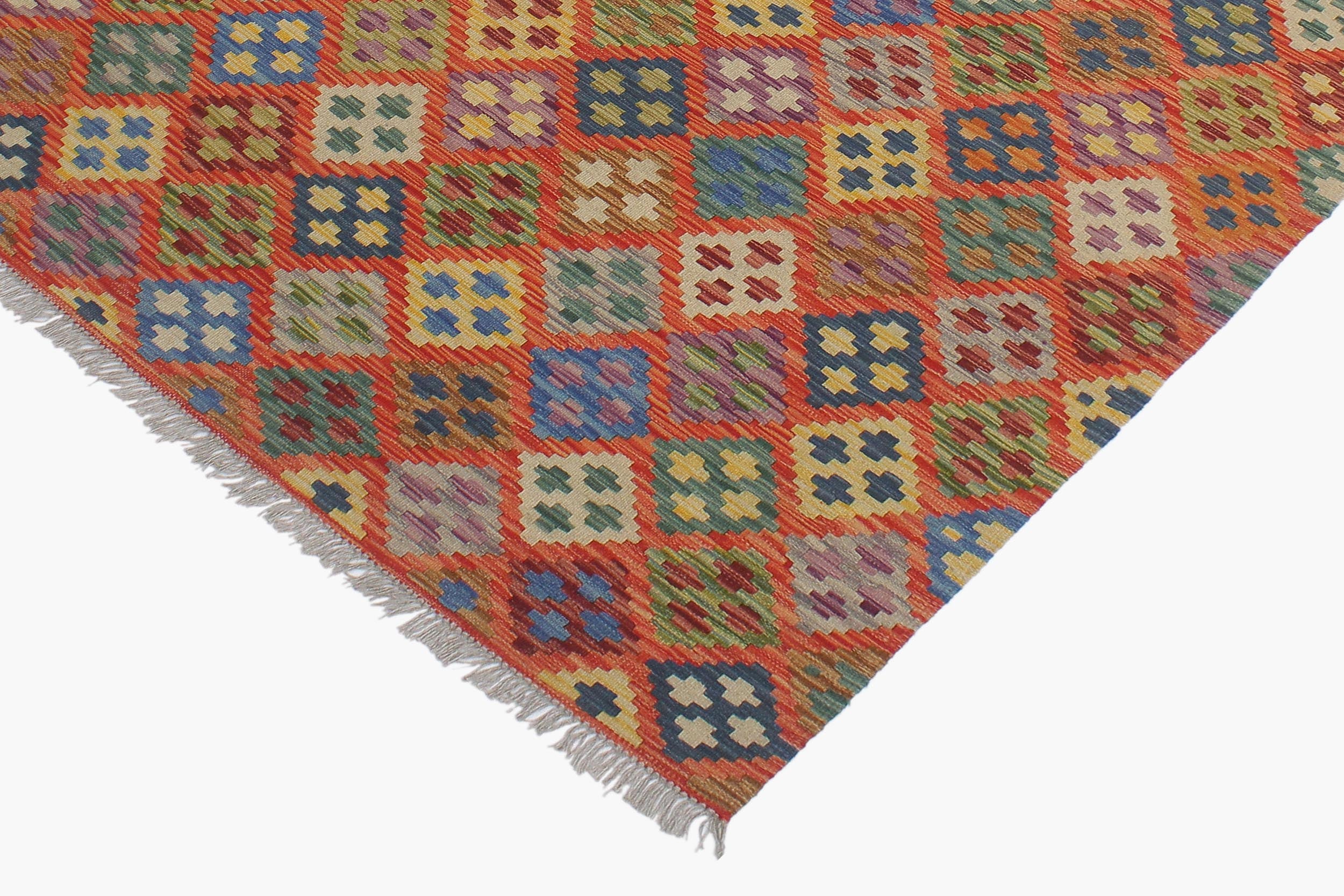 handmade Geometric Kilim Rust Blue Hand-Woven RECTANGLE 100% WOOL area rug 6 x 8