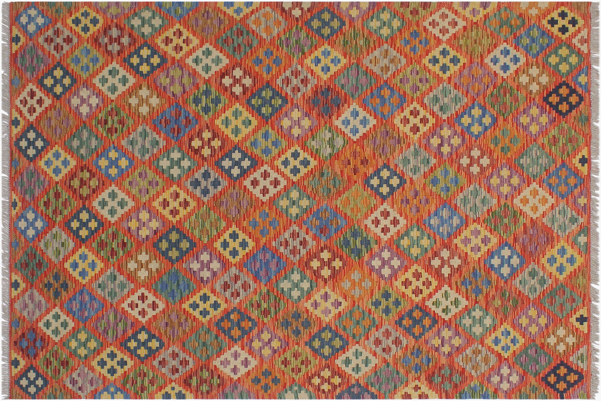 handmade Geometric Kilim Rust Blue Hand-Woven RECTANGLE 100% WOOL area rug 6 x 8