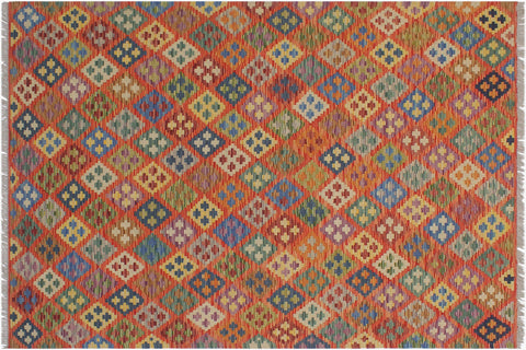 handmade Geometric Kilim Rust Blue Hand-Woven RECTANGLE 100% WOOL area rug 6 x 8