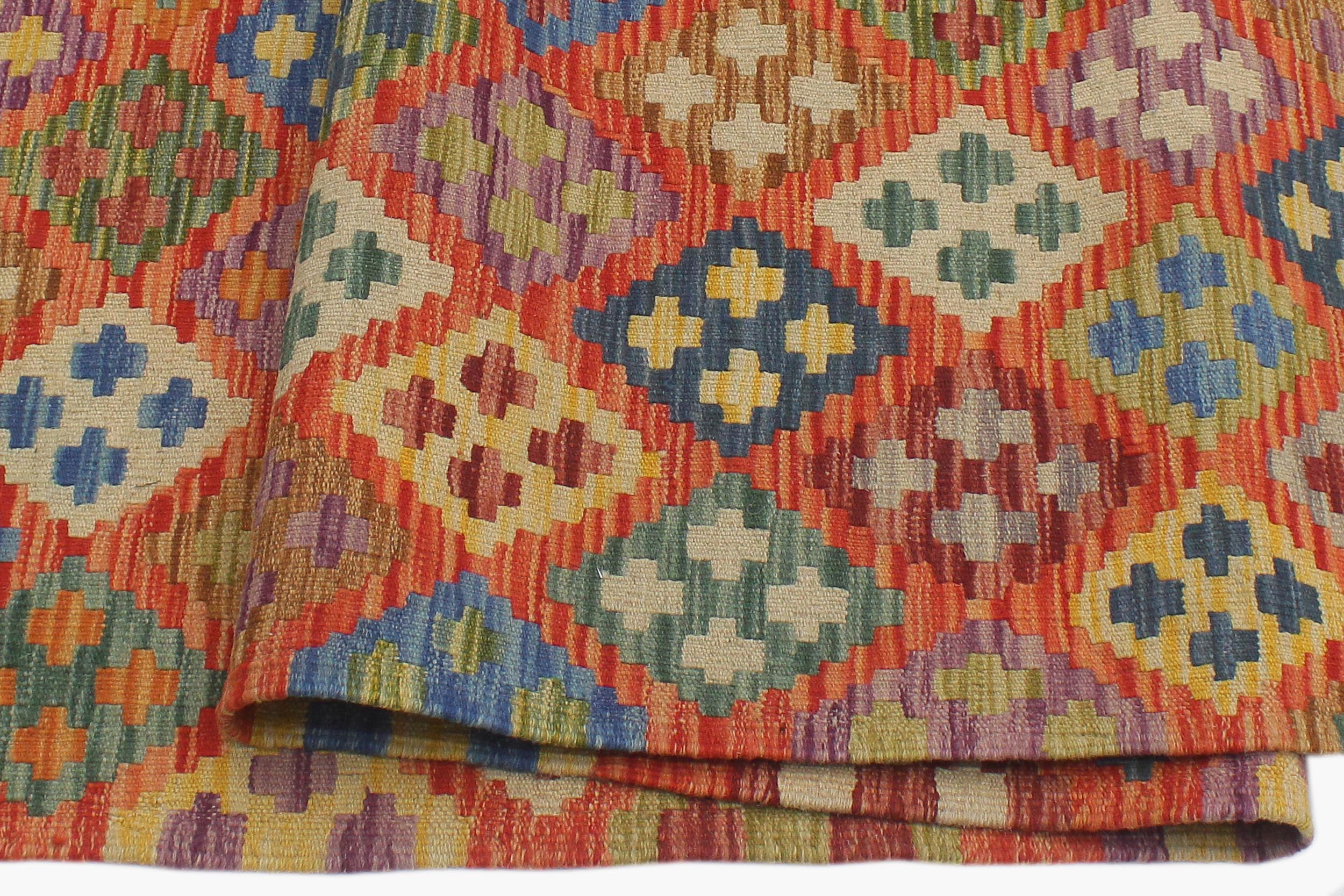 handmade Geometric Kilim Rust Blue Hand-Woven RECTANGLE 100% WOOL area rug 6 x 8