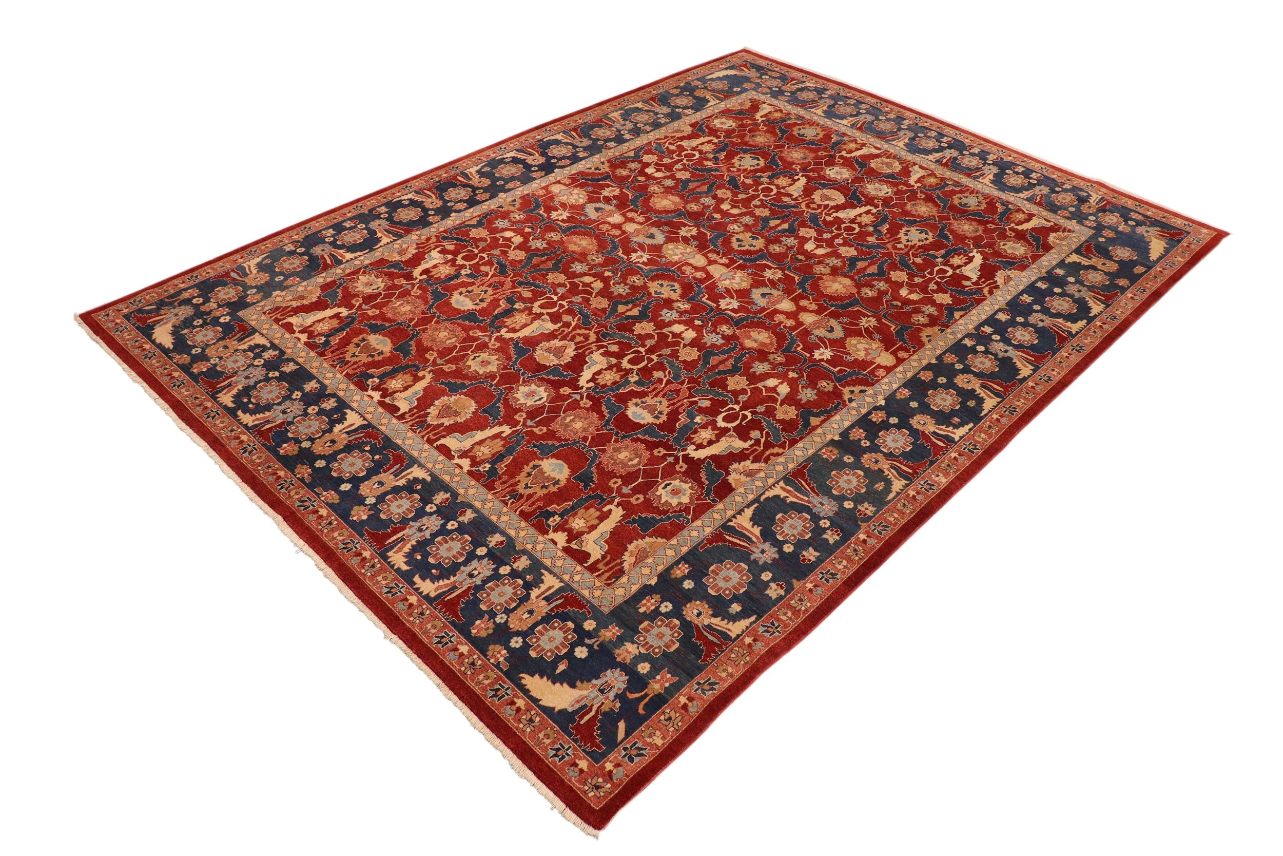 handmade Transitional Lahore Drk. Red Blue Hand Knotted RECTANGLE 100% WOOL area rug 10' x 14'
