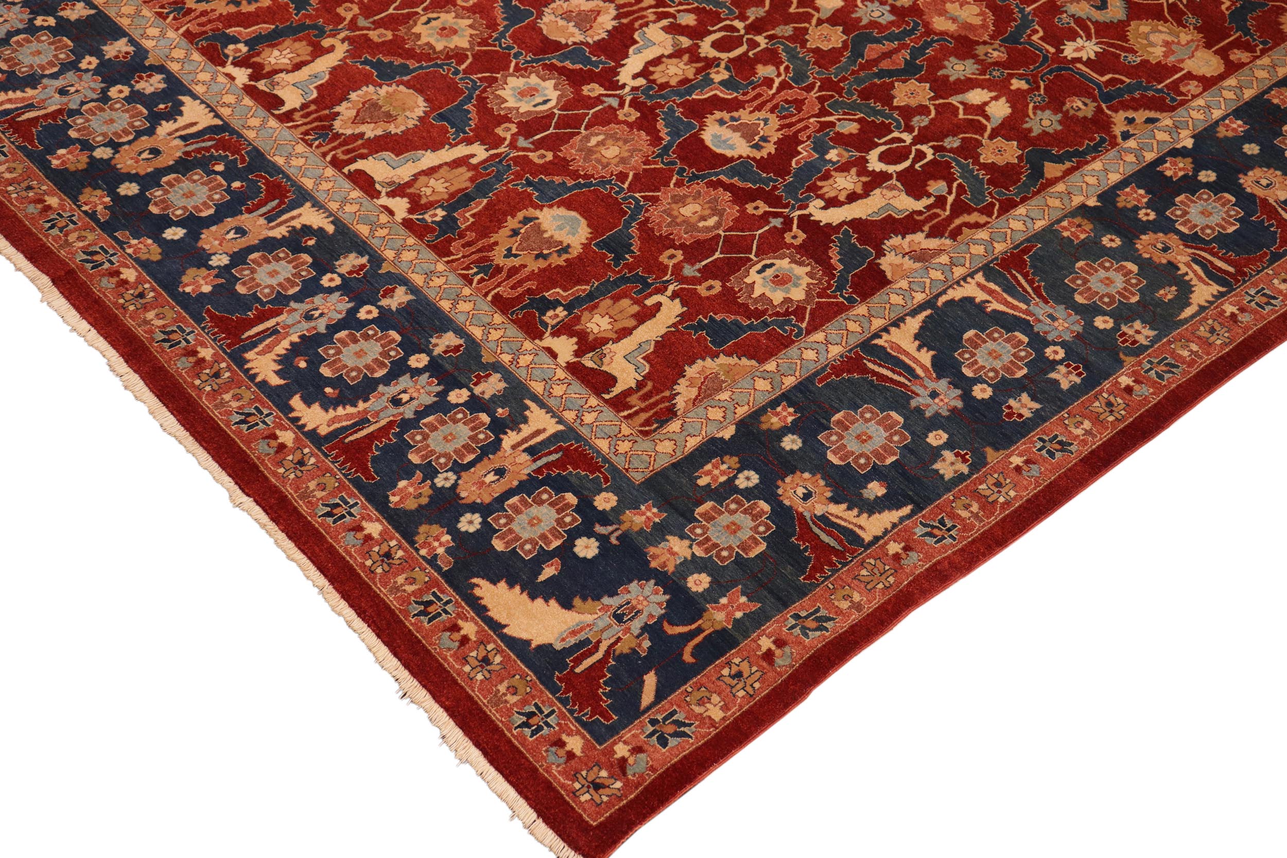 handmade Transitional Lahore Drk. Red Blue Hand Knotted RECTANGLE 100% WOOL area rug 10' x 14'