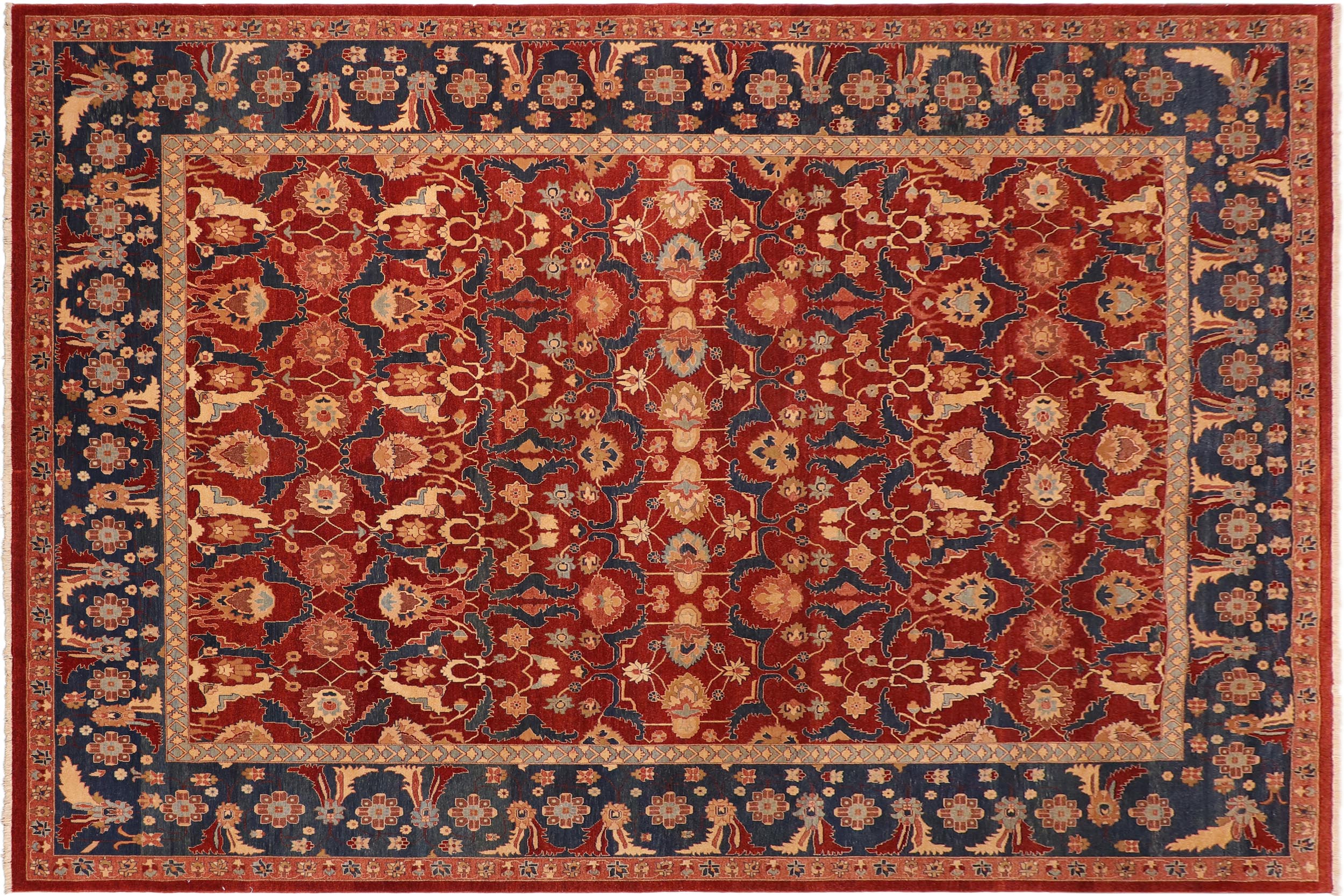 handmade Transitional Lahore Drk. Red Blue Hand Knotted RECTANGLE 100% WOOL area rug 10' x 14'