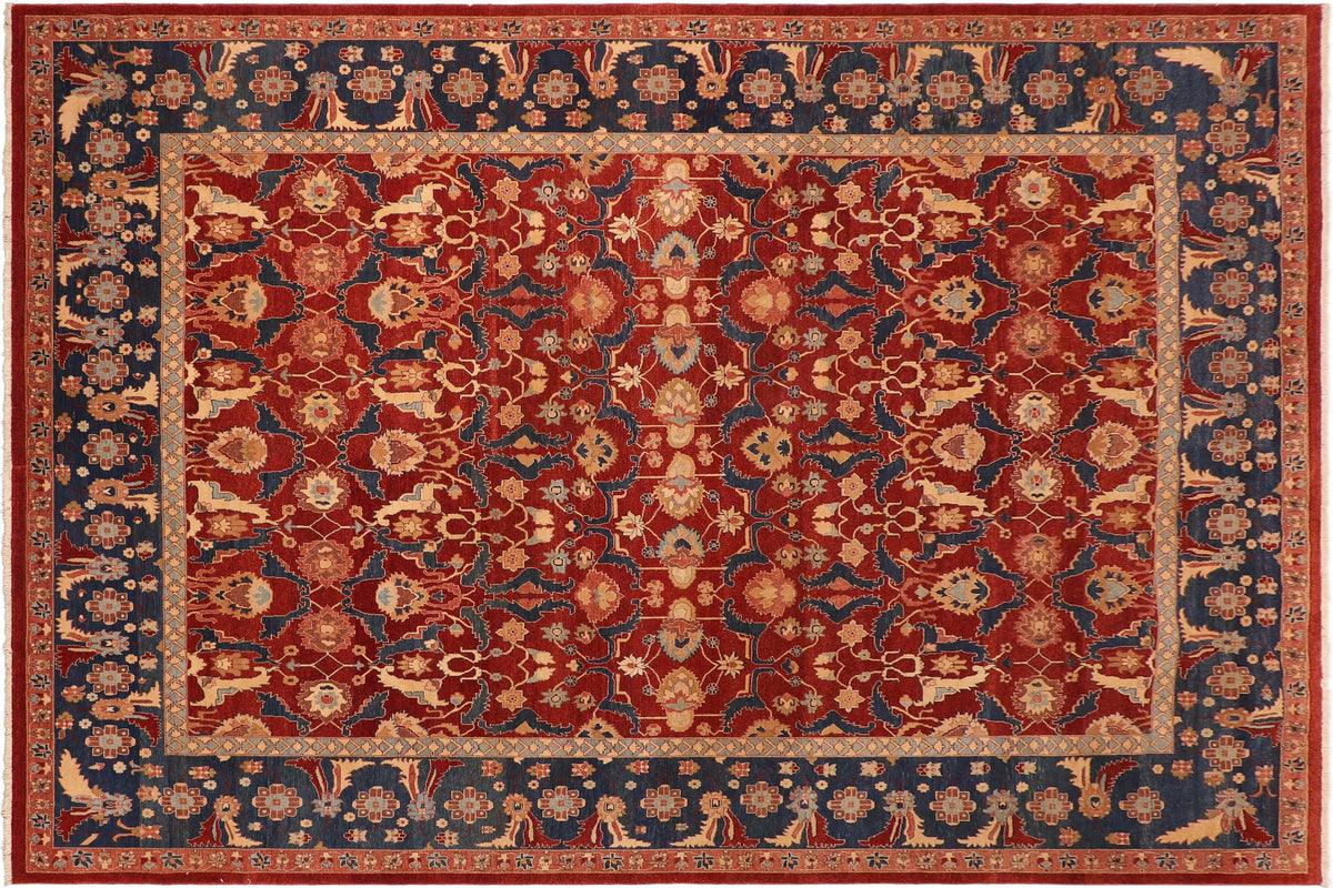 handmade Transitional Lahore Drk. Red Blue Hand Knotted RECTANGLE 100% WOOL area rug 10' x 14'
