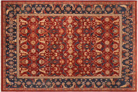 handmade Transitional Lahore Drk. Red Blue Hand Knotted RECTANGLE 100% WOOL area rug 10' x 14'