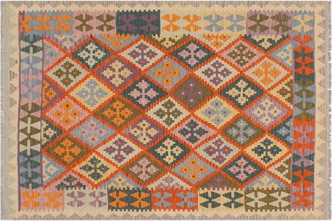 handmade Geometric Kilim Rust Beige Hand-Woven RECTANGLE 100% WOOL area rug 4 x 5