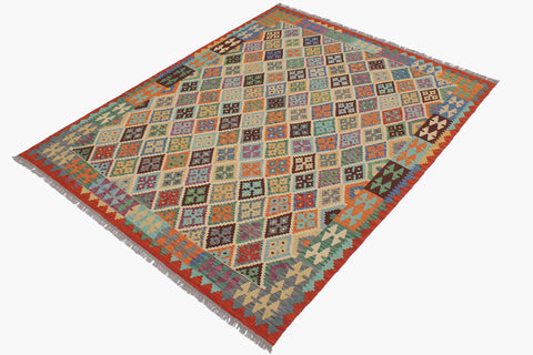 handmade Geometric Kilim Beige Rust Hand-Woven RECTANGLE 100% WOOL area rug 6 x 7