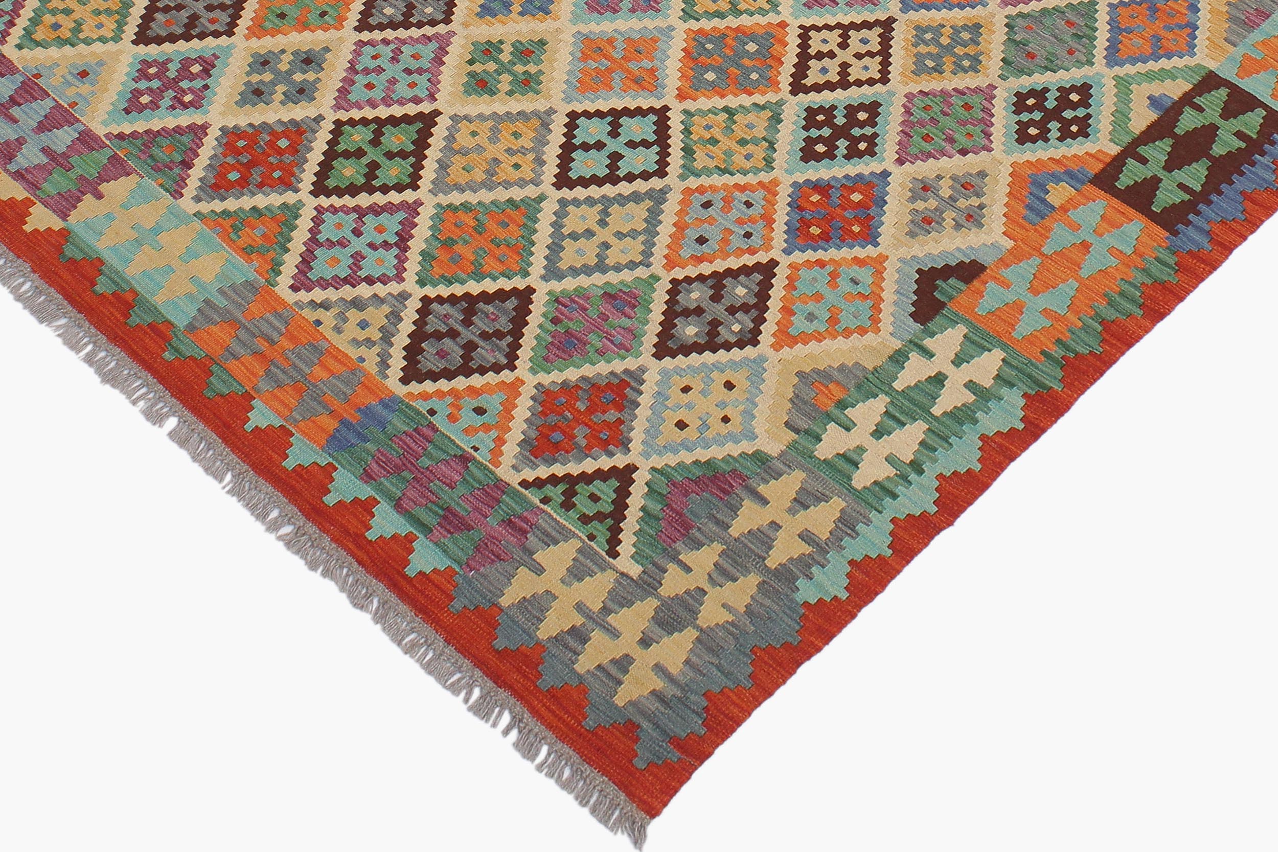 handmade Geometric Kilim Beige Rust Hand-Woven RECTANGLE 100% WOOL area rug 6 x 7