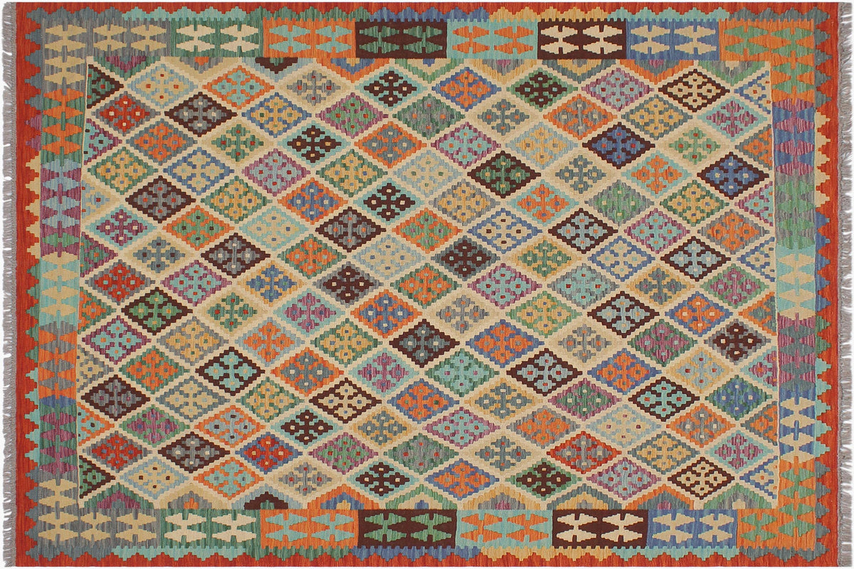 handmade Geometric Kilim Beige Rust Hand-Woven RECTANGLE 100% WOOL area rug 6 x 7