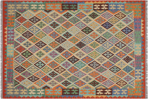 handmade Geometric Kilim Beige Rust Hand-Woven RECTANGLE 100% WOOL area rug 6 x 7