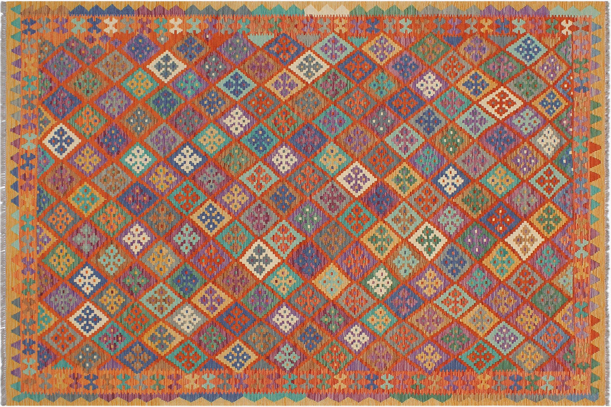 handmade Geometric Kilim Rust Gold Hand-Woven RECTANGLE 100% WOOL area rug 6 x 8