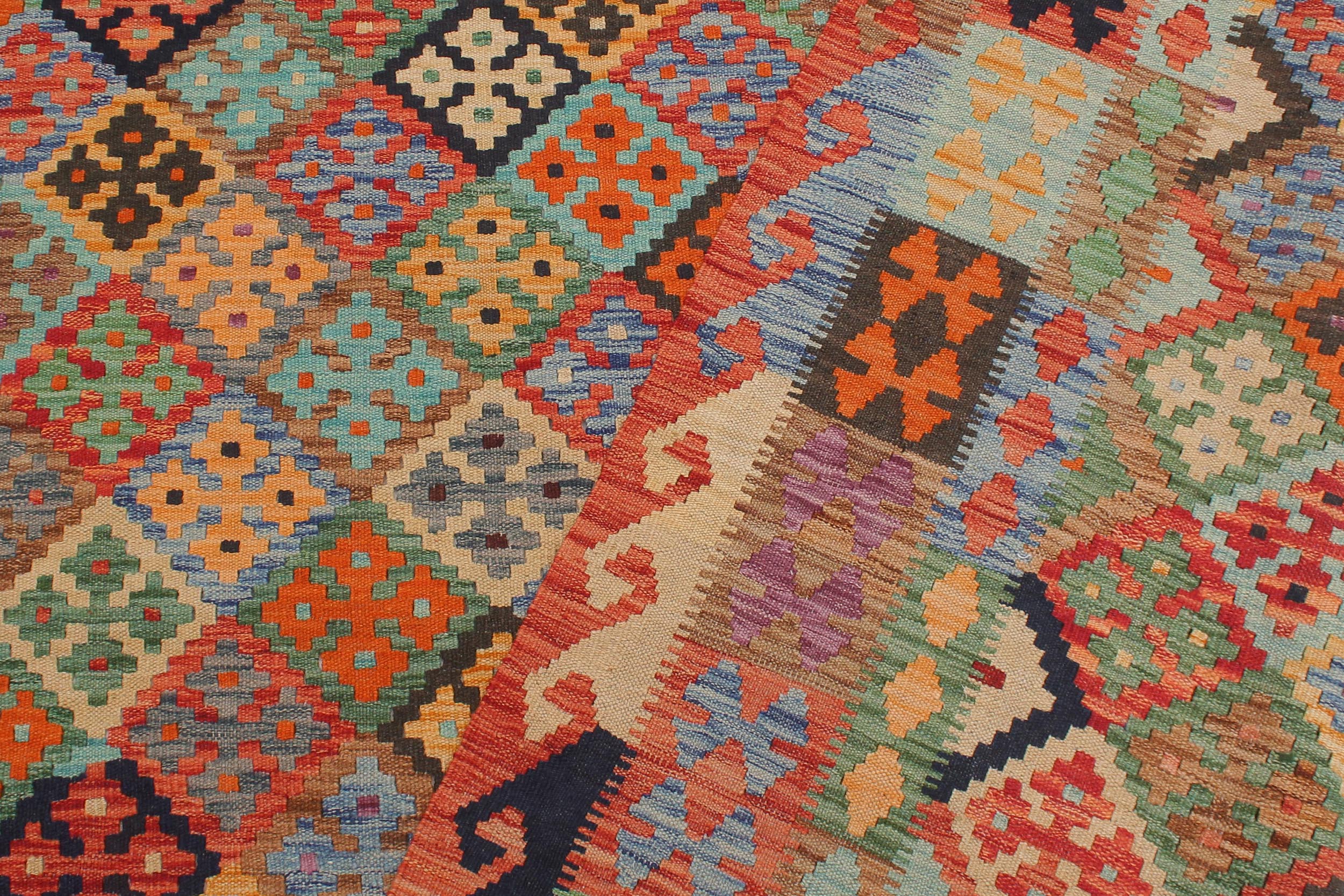 handmade Geometric Kilim Blue Rust Hand-Woven RECTANGLE 100% WOOL area rug 6 x 8